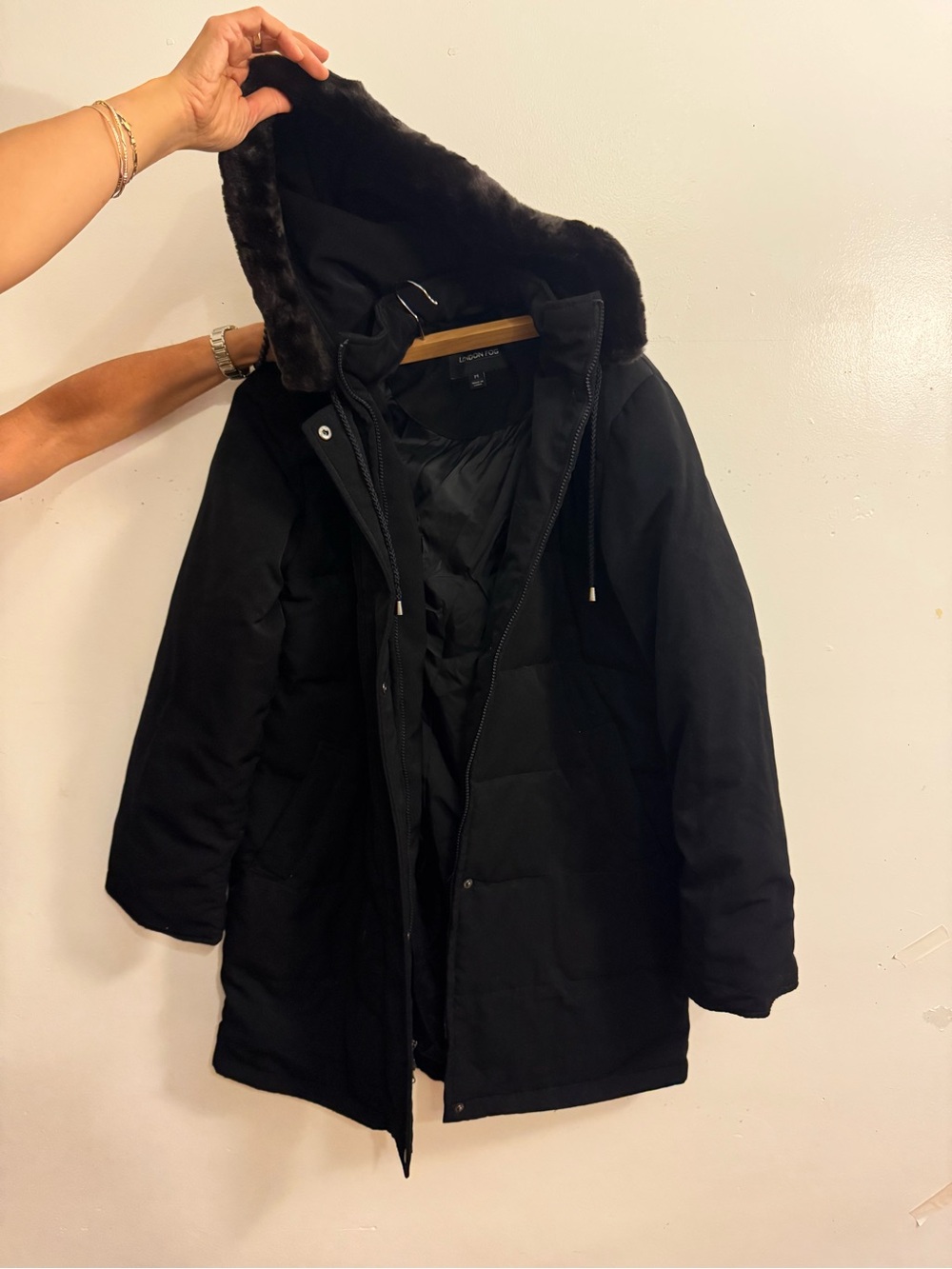 London Fog Black Hooded Puffer Coat with Faux-Fur Trim